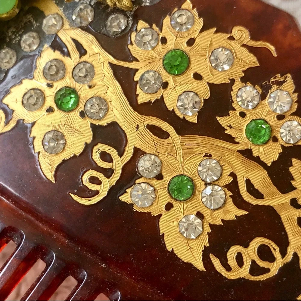Victorian Celluloid Hair Comb 18K Gold Inlaid Faux Tortoiseshell Pearl Grapes